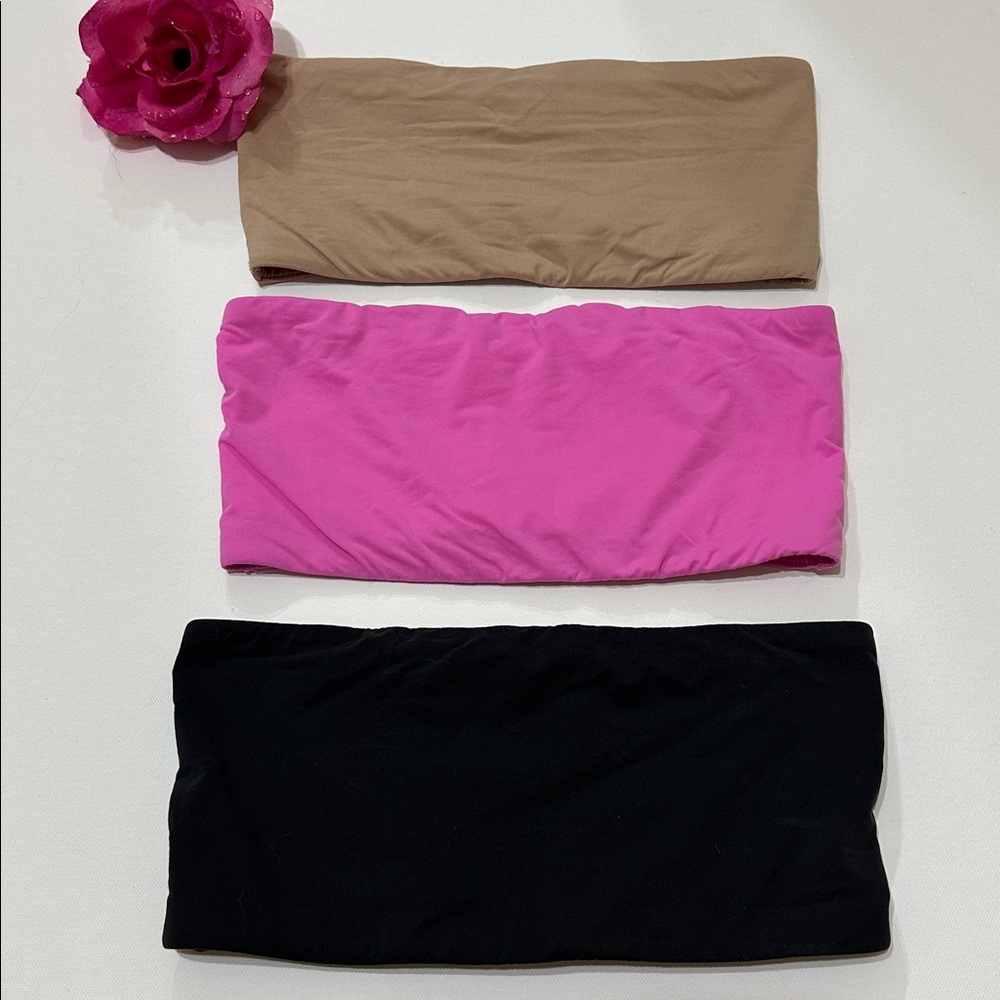 Skims Set of Three Bandeau Tops - Tan, Pink, Black